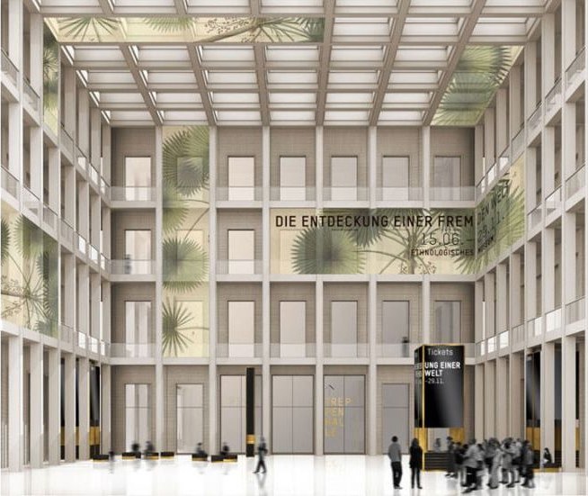 Visualisierung des Haupt-Foyers im Humboldt-Forum mit gerasterter Galerie