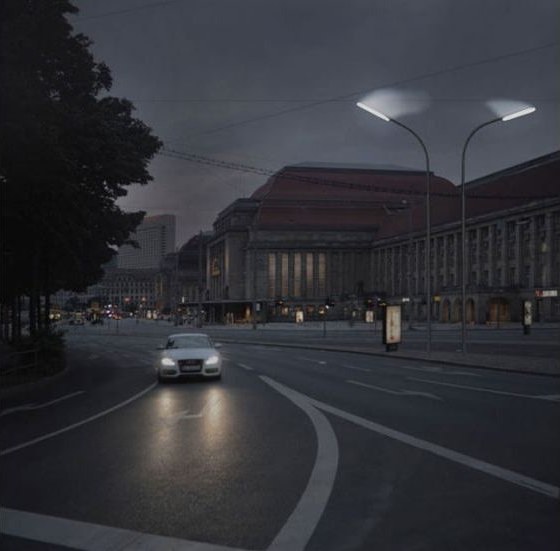 Visualisierung: Peitschenleuchten in der Leipziger Innenstadt bei Dämmerung
