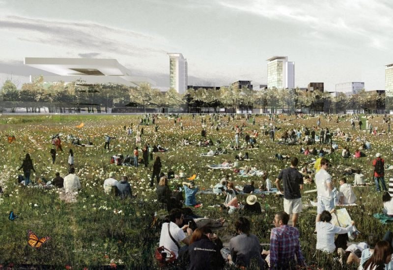 Visualisierung: Menschen auf der Wiese des Tempelhofer Feldes vor der neuen Bibliothek